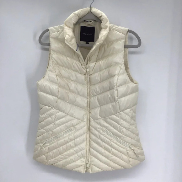 Talbot’s Women’s Chevron Style Puffer Vest Warm Down Fill Creme’ Color Size M - Picture 2 of 9